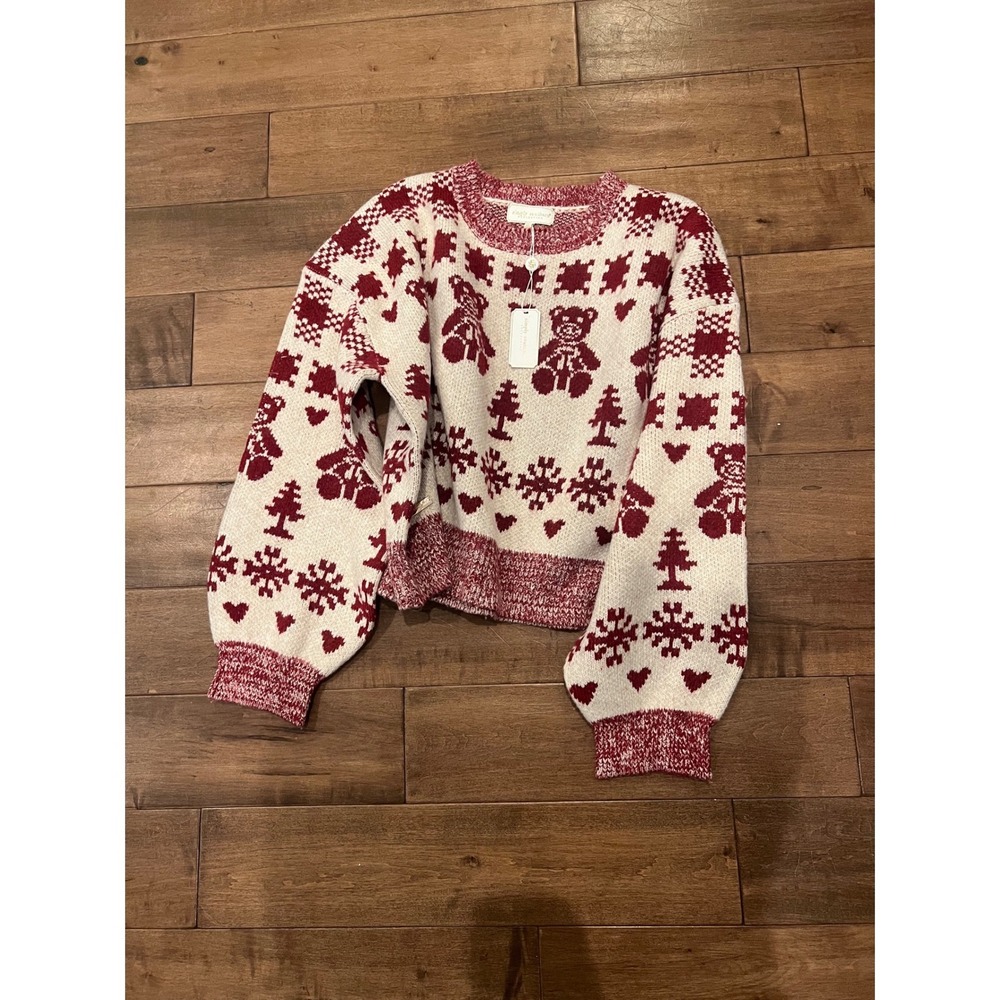 Simply Southern Collection Womens Sweater Teddy Bear Tree Cream Burgundy‎ XXL